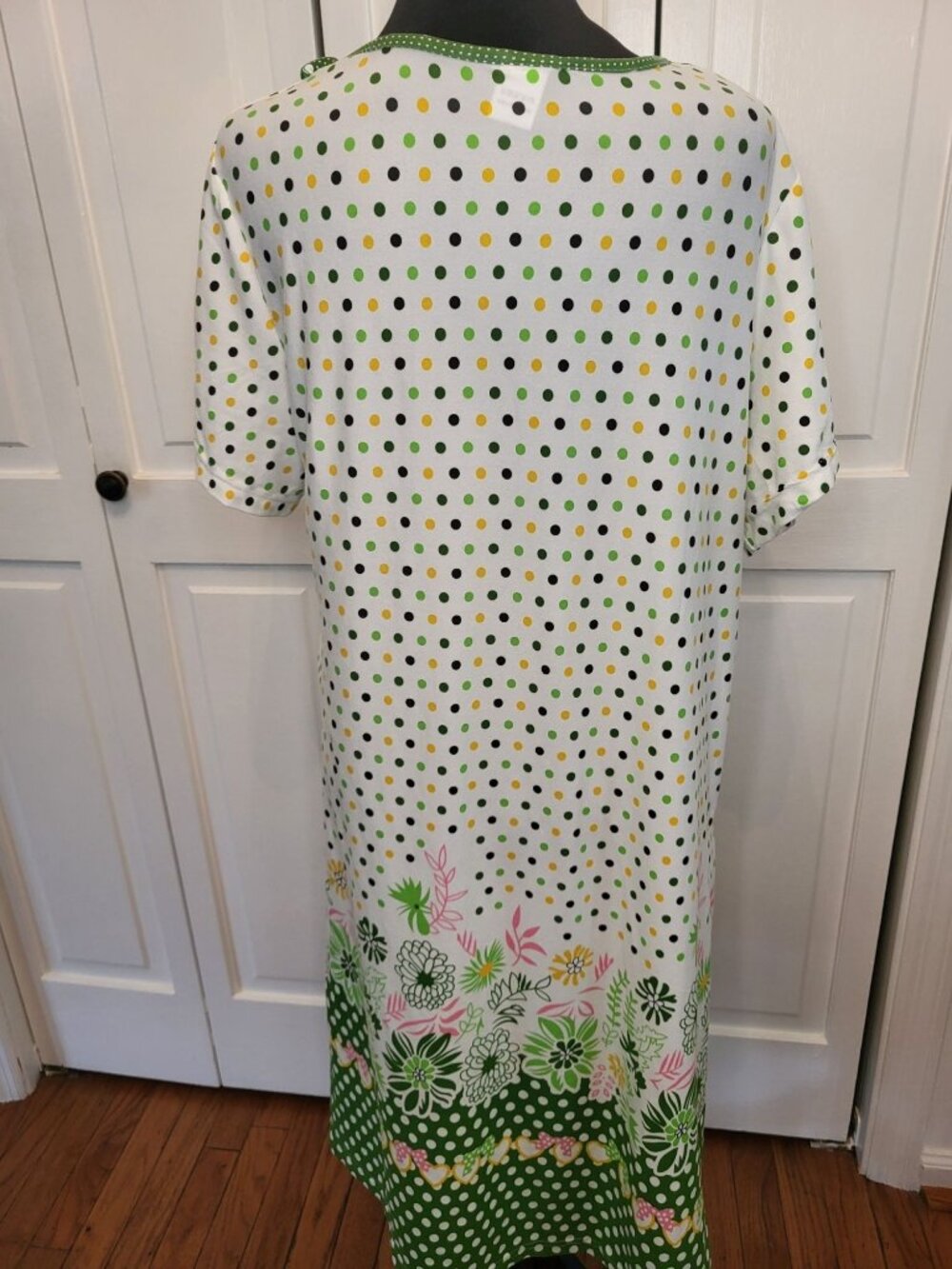 S Christina Yellow Green Polka Dot Floral Button Up House Dress Robe L Trad Wife - Picture 2 of 10